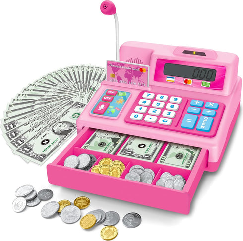BAODLON Calculator Cash Register - 103 Pcs Pink Toy Cash Register, Microphone,