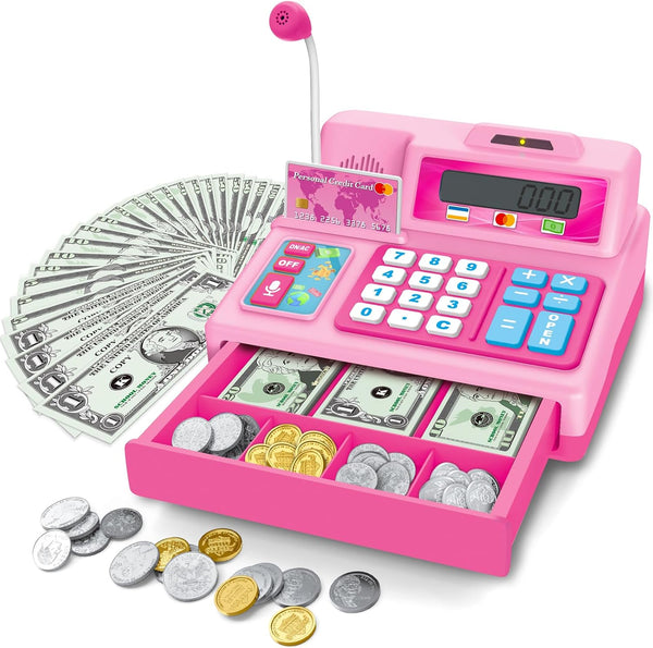 BAODLON Calculator Cash Register - 103 Pcs Pink Toy Cash Register, Microphone,