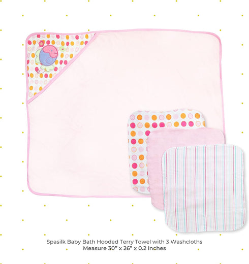 3 Spasilk Baby Bath Hooded Terry Towel with Washcloths, Baby Bath Essentials, One Size, Pink Fish