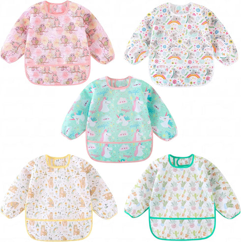 Long Sleeved Bibs, Pack of 5,Lightweight Waterproof Shirt Bibs for Baby Toddler