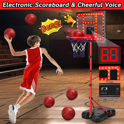 Kids Basketball Hoop Adjustable Height 3.5FT-6.2FT, Indoor & Outdoor with Scoreboard & LED for Ages 3-8