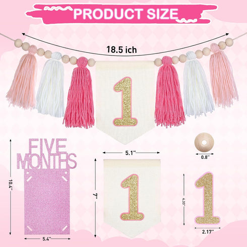 DESGLITAIR 0-12 Baby First Birthday Party Decorations Pink High Chair Banner Crown Cake Topper Months Potho Banner