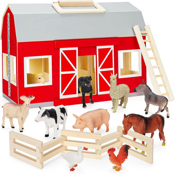 Farm Animals Toys for 3+ Year Old Toddlers, Big Wooden Barn Farm Playset with Figures, Educational Learning Toys, Ideal