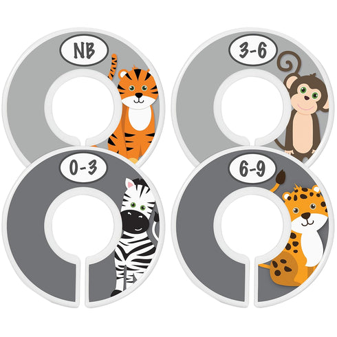 Safari Nursery Closet Size Dividers - 7X for Baby Clothes, Elephant Giraffe Zebra Lion Monkey Decor (Grey)