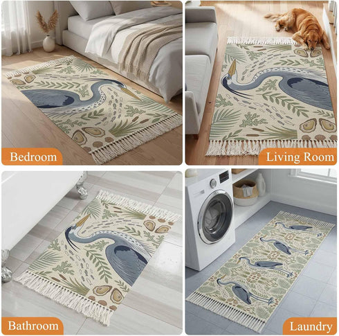 Debedcor 2'x 4', Country Entryway Door Mat Cartoon Egret Non Slip Washable Throw Rug with Tassels, Bird Leaves Coral
