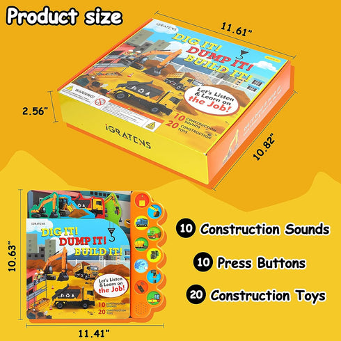 Construction Toys with Sound Books - Dig It! Dump It! Build It! Board Book with 10 Buttons & 20 PCS Toys