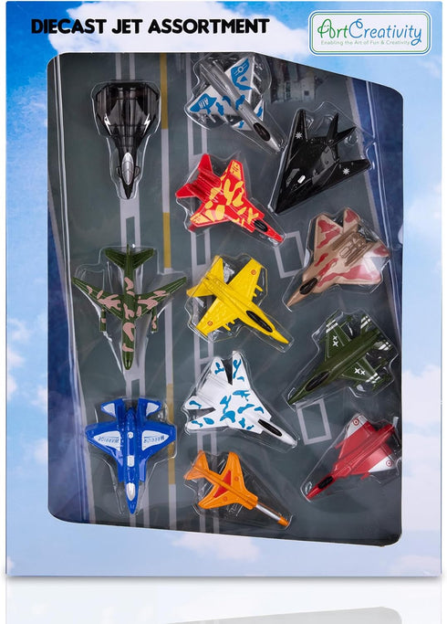 Playset, Set 12, ArtCreativity Diecast Jet Toy of Fighter Jet Toys in Assorted Colors and Designs, Great Birthday Party
