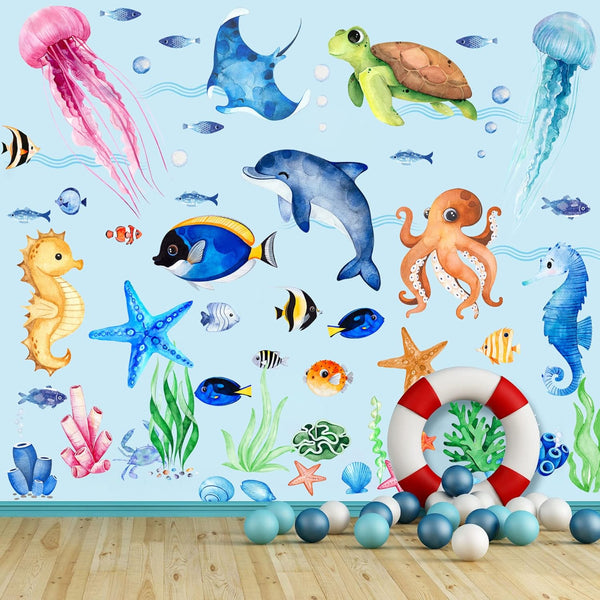 4 Sheets Ocean Fish Wall Decals Stickers, Removable Sea Life Marine Animal Decor for Kids Nursery Bathroom