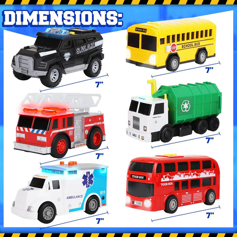 Toy Cars for Toddlers | 6 Pcs Pull Back Cars with Light and Sounds | City and Emergency Vehicles Set
