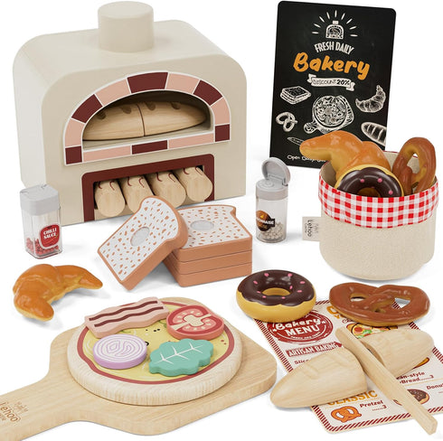 Lehoo Castle Wooden Play Food Toys, Pizza Oven Playset, Pretend Play Food