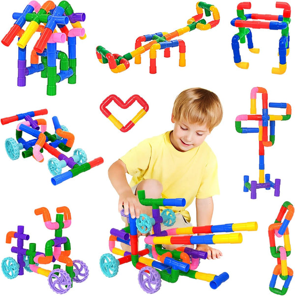 FUBAODA STEM Learning Pipe Tube Toys, 96 Pcs Multicolor Building Blocks Set with Wheels, Spouts & Joints for Kids Ages