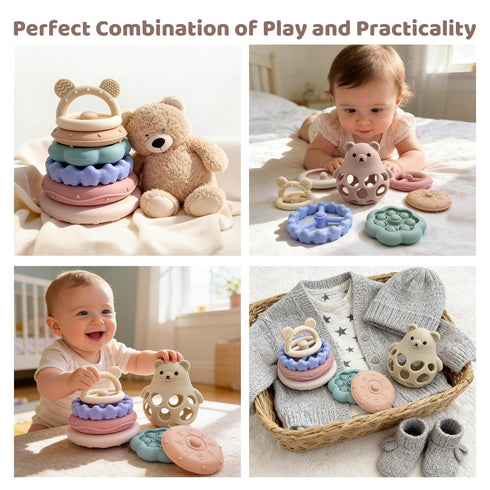 Set 6+ Baby Bear Teething & Stacking Toy - Teething Toys Silicone Teethers, Soft Baby Stacker Rings Teether, Learning