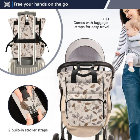 SUABO Backpack Hand Drawn Leaf Pattern Baby Diaper Bag Large Bag Waterproof Travel Diaper Bags for Moms and Dads