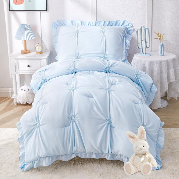 Wowelife Boho Tufted Toddler Bedding Set for Girls, 4 Pcs Ruffle Floral