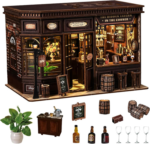 Spilay DIY Miniature Dollhouse Kit, Corner Tavern Dollhouse with LED Light, Mini