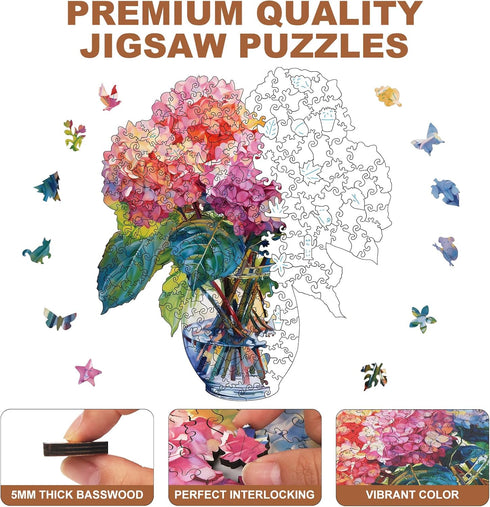 200 10.23x11.6 Pieces Flowers Wooden Puzzles for Adults, Hydrangea Unique Shaped Wooden Jigsaw Puzzles for Adults