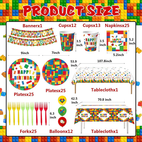 Bolake 25 Building Block Party Plates Building Block Birthday Party Supplies Decorations Serve including Disposable