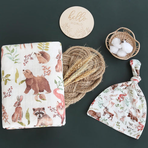 LifeTree Muslin Swaddle Blankets, Baby Boy Swaddle Blanket and Hat Set with Birth Announcement Card, Woodland Animals