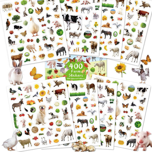 Farm Animal Stickers for Kids, 400Pcs Assortment Barnyard Animal Decals for Birthday Party Decorations and School