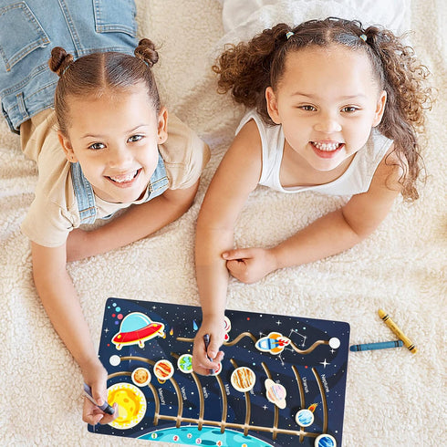 Movable Solar System Puzzle for Kids 3-6 - Wooden Space Toys for Preschool Learning Activities, Gift for Boys, Girls