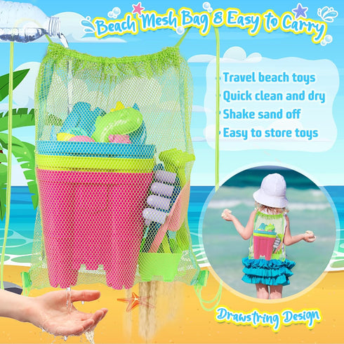 Beach Toys for Toddlers, Sand Castle Toys with 3 Buckets, 4 Shovels, Mesh Bag & Sand Molds for Kids Age 3-10