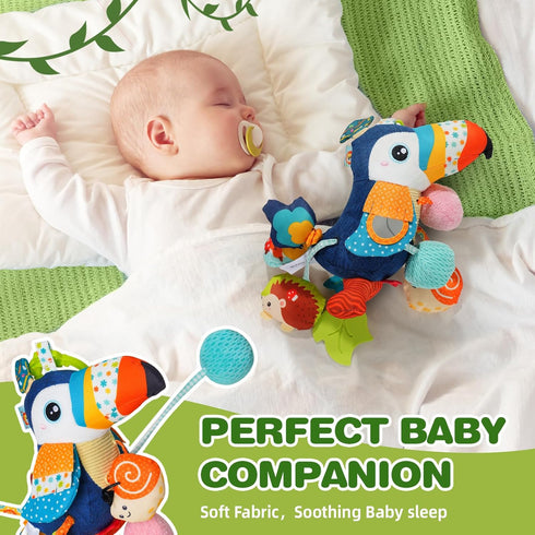 Jollybaby Musical Activity Pull String Hanging Toy for Baby Stroller Car Seat Crib Play Gym, Plush Stuffed Toucan Toy