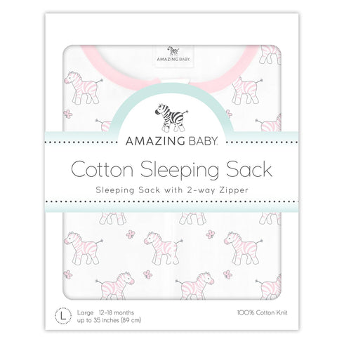 Amazing Baby Cotton Sleeping Sack, Wearable Blanket with 2-way Zipper, Pink Tiny Zebras, Medium (6-12 mo)