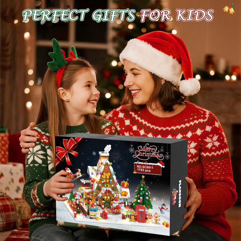 2025 Set 14+ (1763PCS) PLAXSOON Christmas Gingerbread House Courtyard Mini Building with Lights, Christmas Village