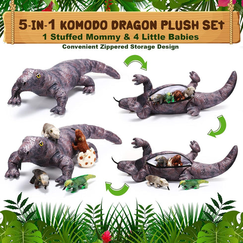 Lenwen 5 Pieces Komodo Dragon Plush Toy Set with 26 Inch Giant Lizard and 4 Plush Baby Lizards for Kids Birthday Gift