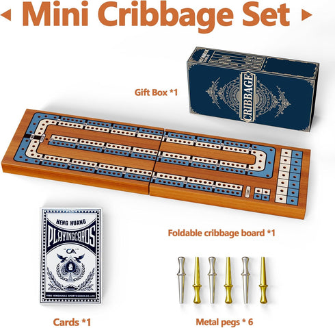 Set 2-Track 6 Small Size Travel Wooden Cribbage Board Game Foldable Cribbage with Magnetic Storage, Metal Pegs & Full
