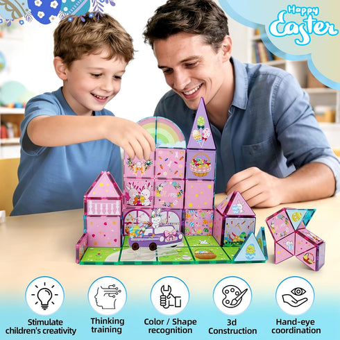 54 MAYAPHILOS PCS Magnetic Tiles, Magnetic Building Blocks with Rabbit, Carrot, Easter Egg Pattern, Construction