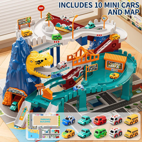 NIPLOOOW Playset 3-5, Set 10 3 4 5 6 7 8 Dinosaur Race Track for Boys Kids Dinosaur Climbing Hills Car Track Play