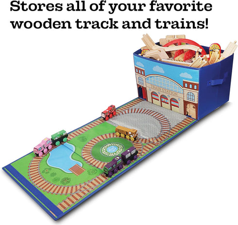 Train Storage Bin and Play Mat - Wooden Railway Take-Along Storage Box with Train Tracks Design - Two in One
