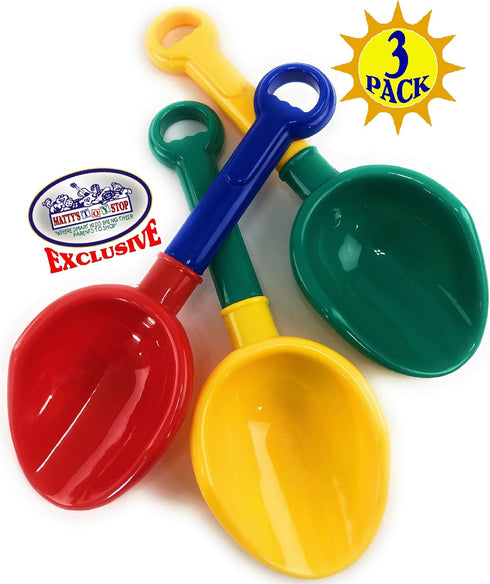 Matty's Toy Stop 10.5" Kids Multi-Color Sand Scoop Plastic Shovels for Beach (3 Pack: Red/Blue, Yellow/Green,