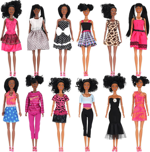 12 Piece African American Toy Doll Playset - 11.8" Premium Fashion Diversity Dolls for Kids