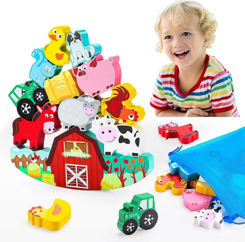Montessori Toys for Kids 3-7, Wooden Farm Animal Blocks Stacking Games, Educational Toy for 3-6 Year Olds, Birthday