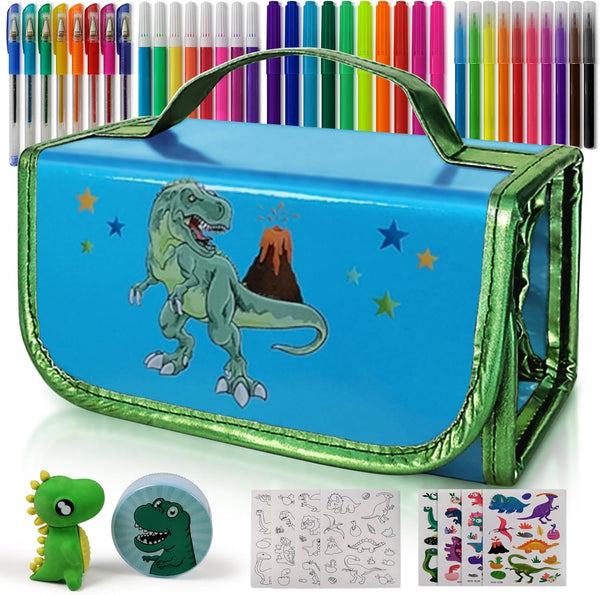 NUMI'SMILE Dinosaur Pencil Case with Fruit Scented Markers Art Set, Gifts for Boys Ages 3-9, Dino Coloring Supplies