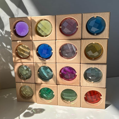 16PCS Acrylic Wooden Gem Blocks, Sparkling Colorful Wooden Stacking Toys, Montessori Educational Wooden Toys