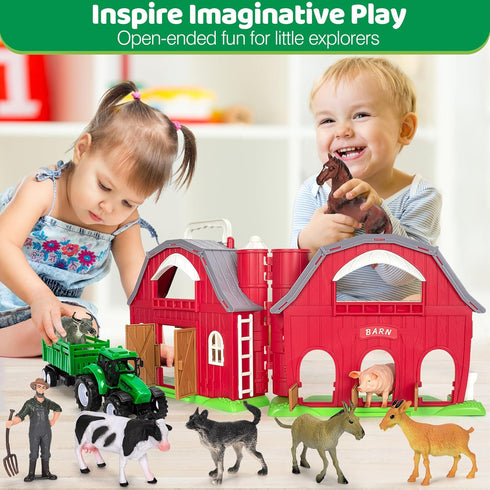1 2 3 4 5 Playset Farm Animals Toys for Year old Toddlers Girls Boys, Big Red Barn Farm with Figures Animals