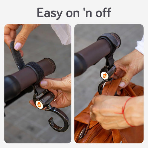 (2 Pack) 360-Swivel 11 lb Baby Uma Stroller Hooks - Open Stroller Hook with Neck & Extra Strong Strap, Easy On 'n Off
