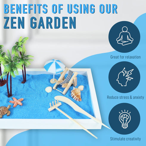 Timani 11"x8" Inches Zen Garden for Desk - Zen Garden Sand Kit, Artificial Palm Tree, Rakes & Accessories - Meditation