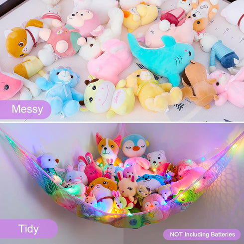 Unicorn Castle Stuffed Animal Net Hammock - Kids Toy Storage with LED Light for Nursery Room Decor