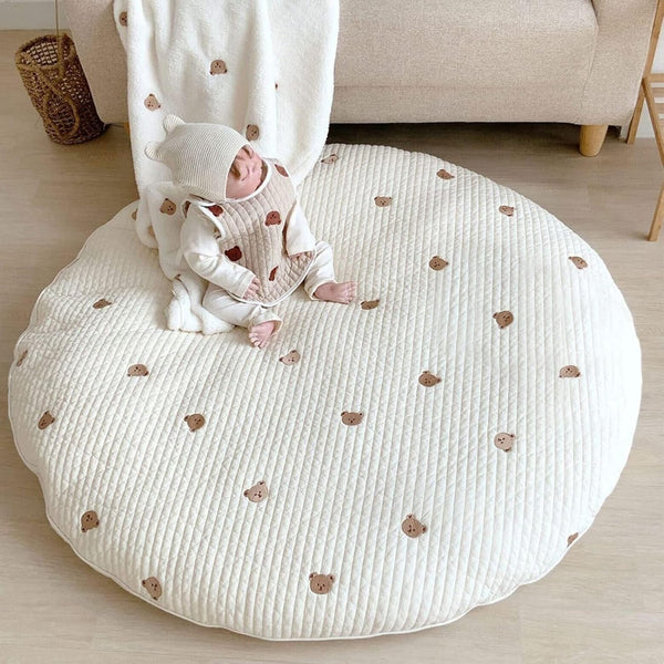 MOJUN Baby White Bear Embroidered Play Mat, 33.5" Cotton Crawling Mat, Detachable Washable