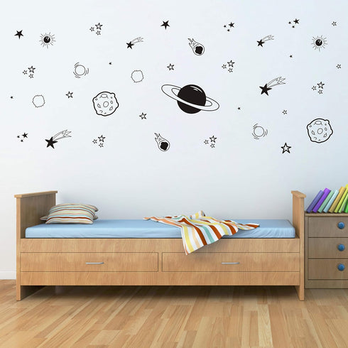 Planet Wall Decal for Boys Room Decor, Outer Space Vinyl Wall Decals, Star Stickers for Kids Bedroom, Nursery (Black)
