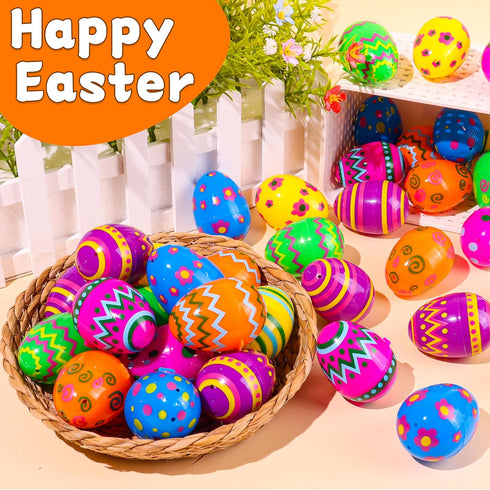 NAWITDA 24 Pack 2.4 Inch Plastic Printed Easter Eggs, Empty Fillable Eggs Bulk for Easter Egg Hunt, Easter Basket