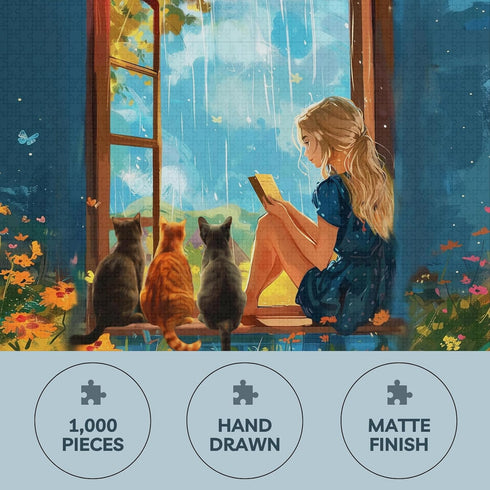 Theo's Puzzles Rainy Day Blessings Cat Puzzle - 1000 Piece High Resolution Jigsaw Puzzle for Adults