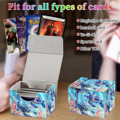 Card Deck Box for MTG, PU Leather Storage Box for TCG, Fits 100+ Single Sleeved Cards, Sea Turtle