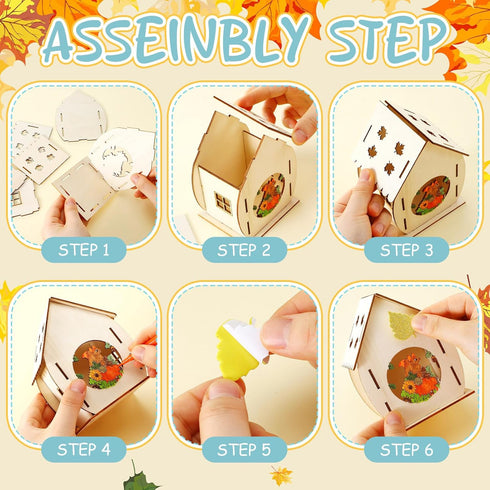 12 Sets Wooden Fall Halloween Houses, DIY Unfinished Craft Kit with Pumpkin Decor and Watercolor Pens