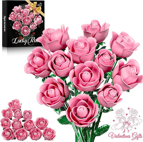 XGSHJ Pink Rose Bouquet Building Set for Girls & Boys - 12 Pack