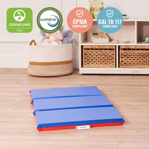 ECR4Kids 3-Section, 2in, Premium Folding Rest Mat, Sleeping Pad, Blue/Red